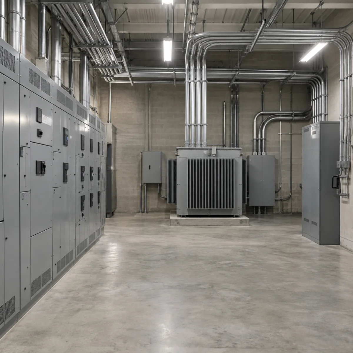 Switchgear, transformer and conduit in an electrical equipment room