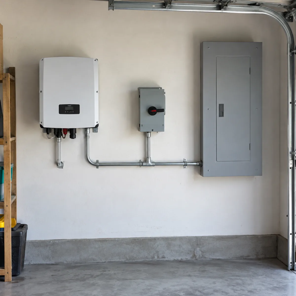 Solar inverter, disconnect and distribution panel mounted on a garage wall