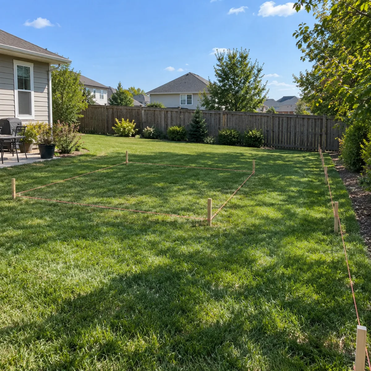 Stakes and string outlining a proposed structure in a residential backyard