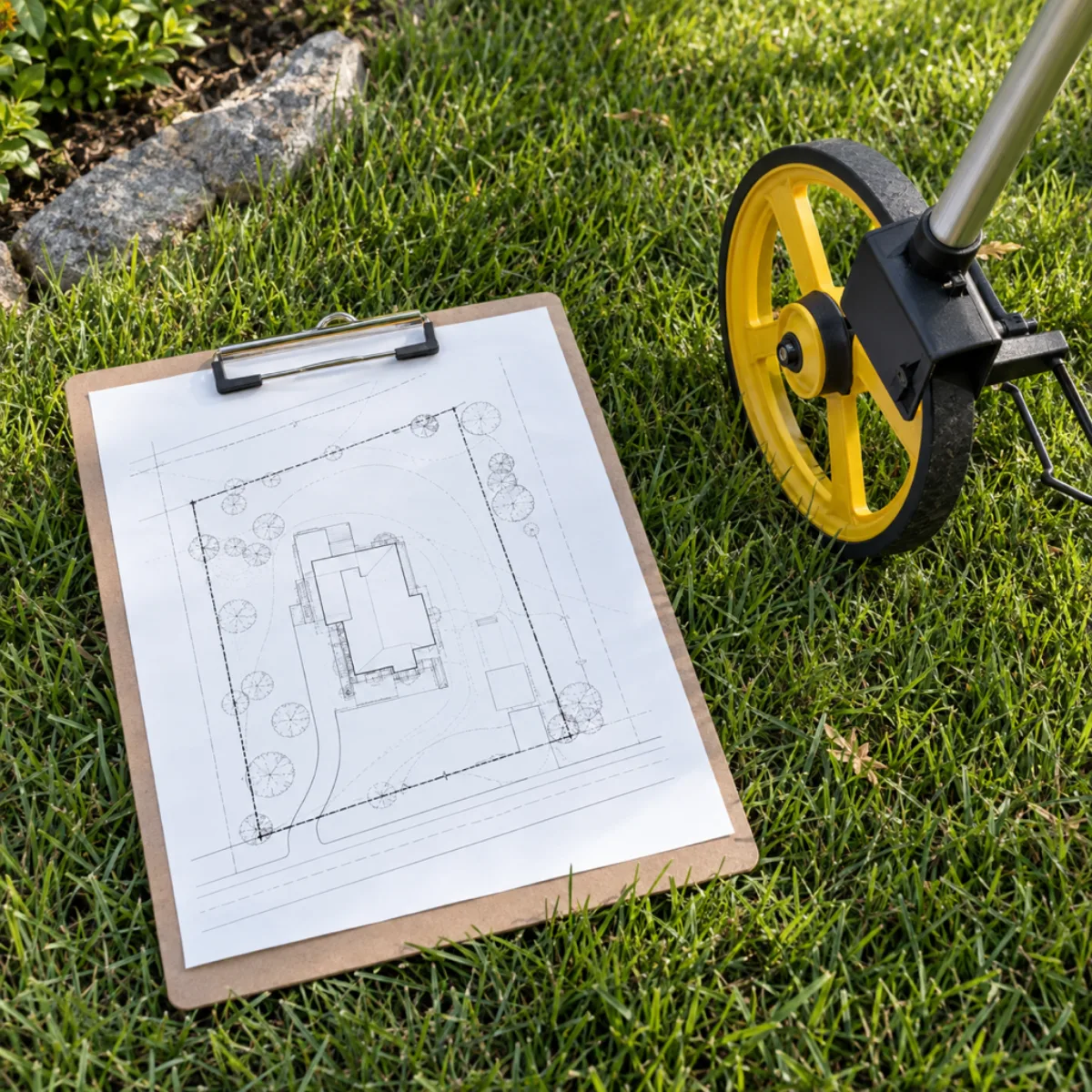 Property drawing on a clipboard beside a measuring wheel