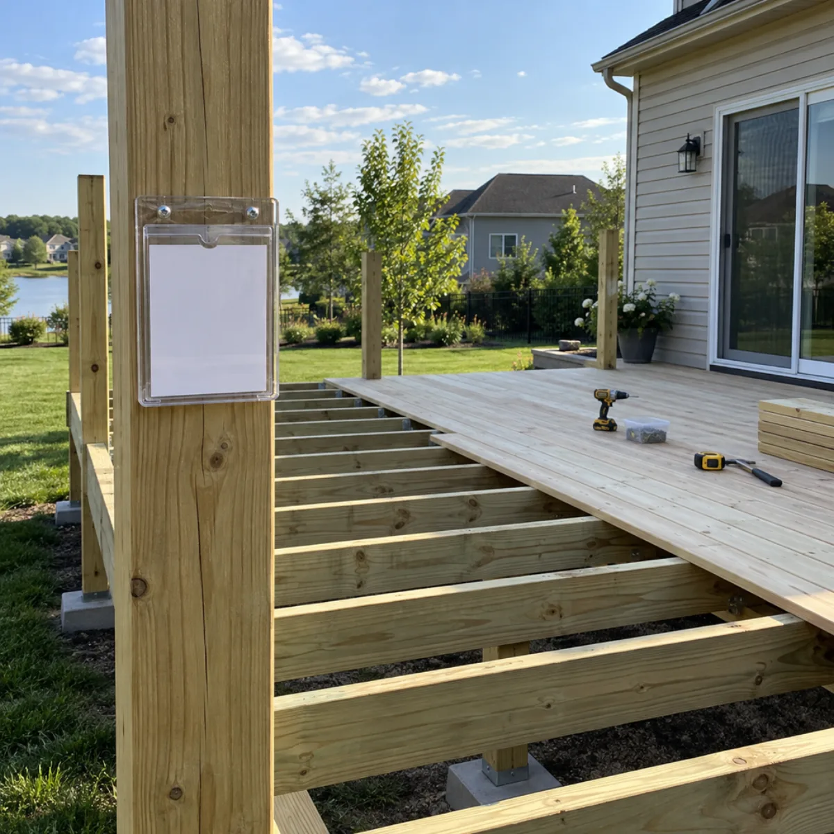 Partly built residential deck with a document holder on a post