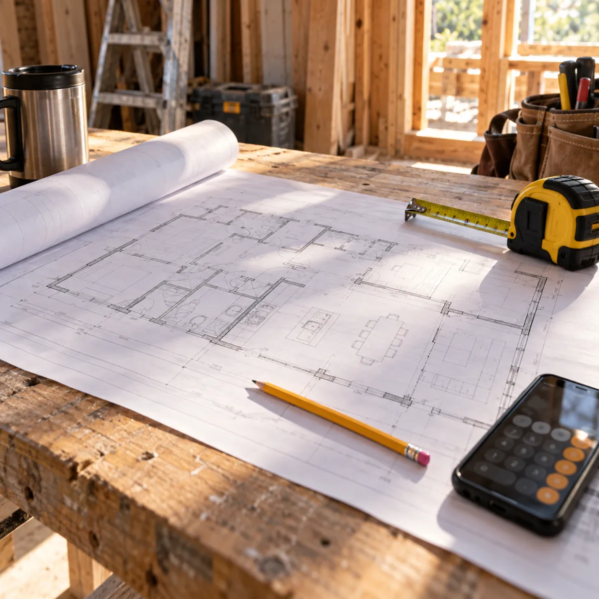 Plans, tape measure and calculator on a jobsite workbench
