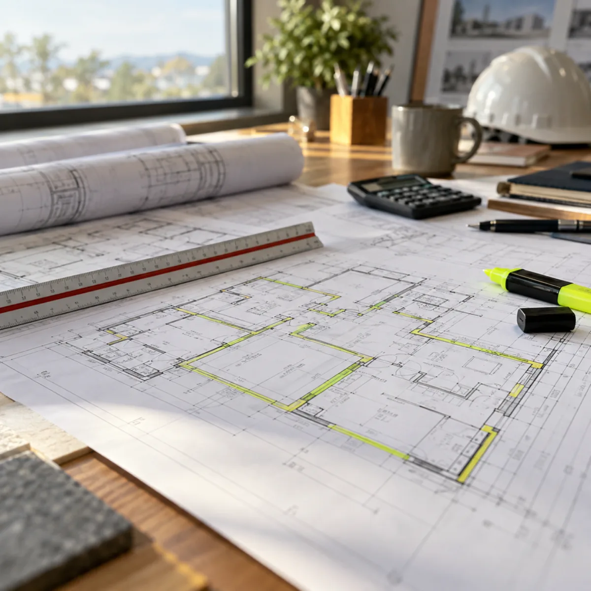 Highlighted floor-plan measurements beside a scale ruler and calculator
