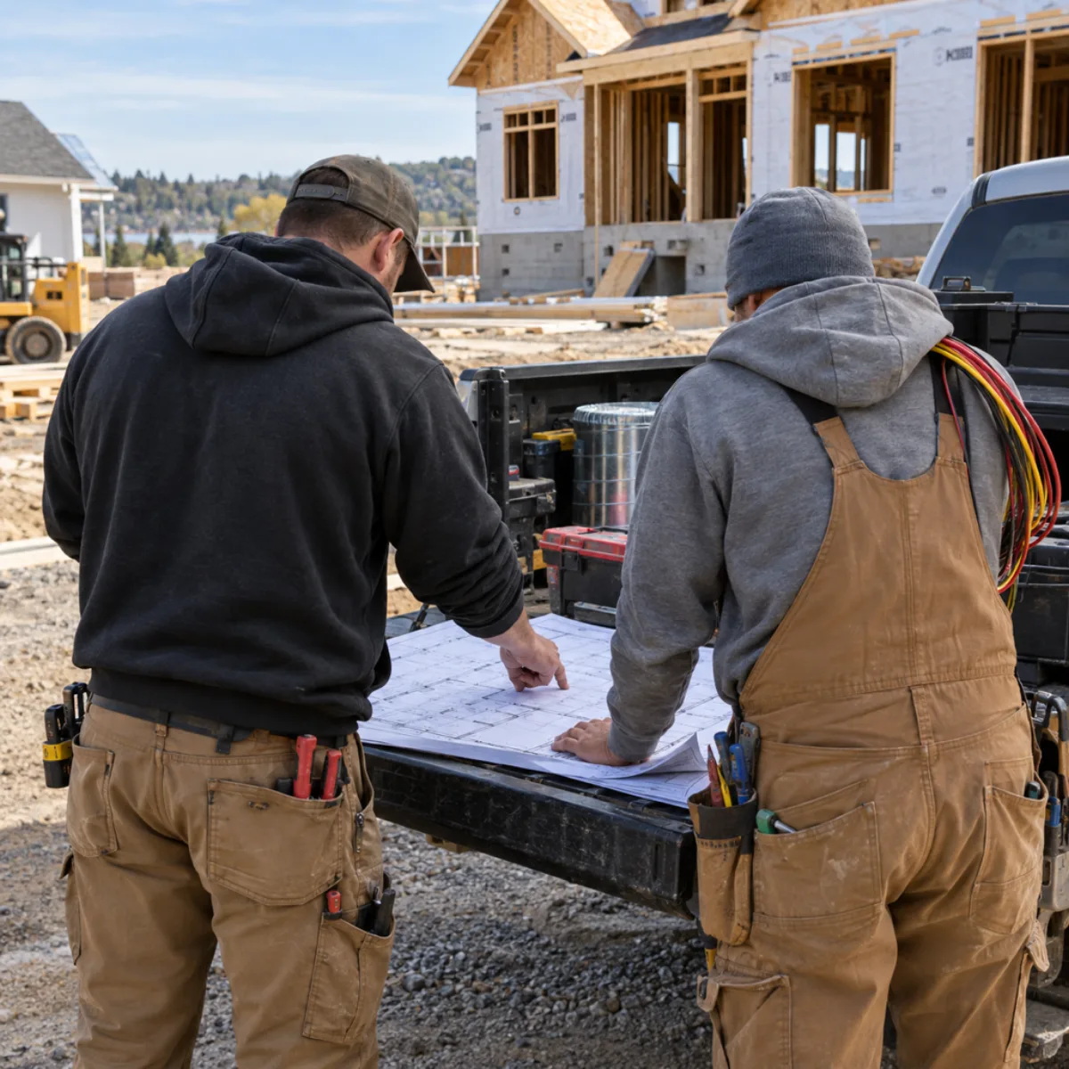 Two contractors reviewing plans on a truck tailgate at a residential jobsite